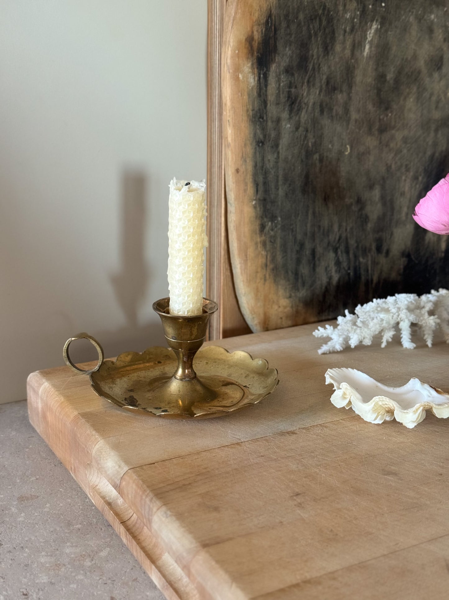 Vintage Solid Brass Scalloped Chamberstick with Patina