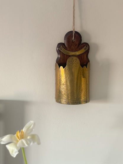 Antique French Brass & Oak Handmade Folk Art Wall Pocket | Candle Box
