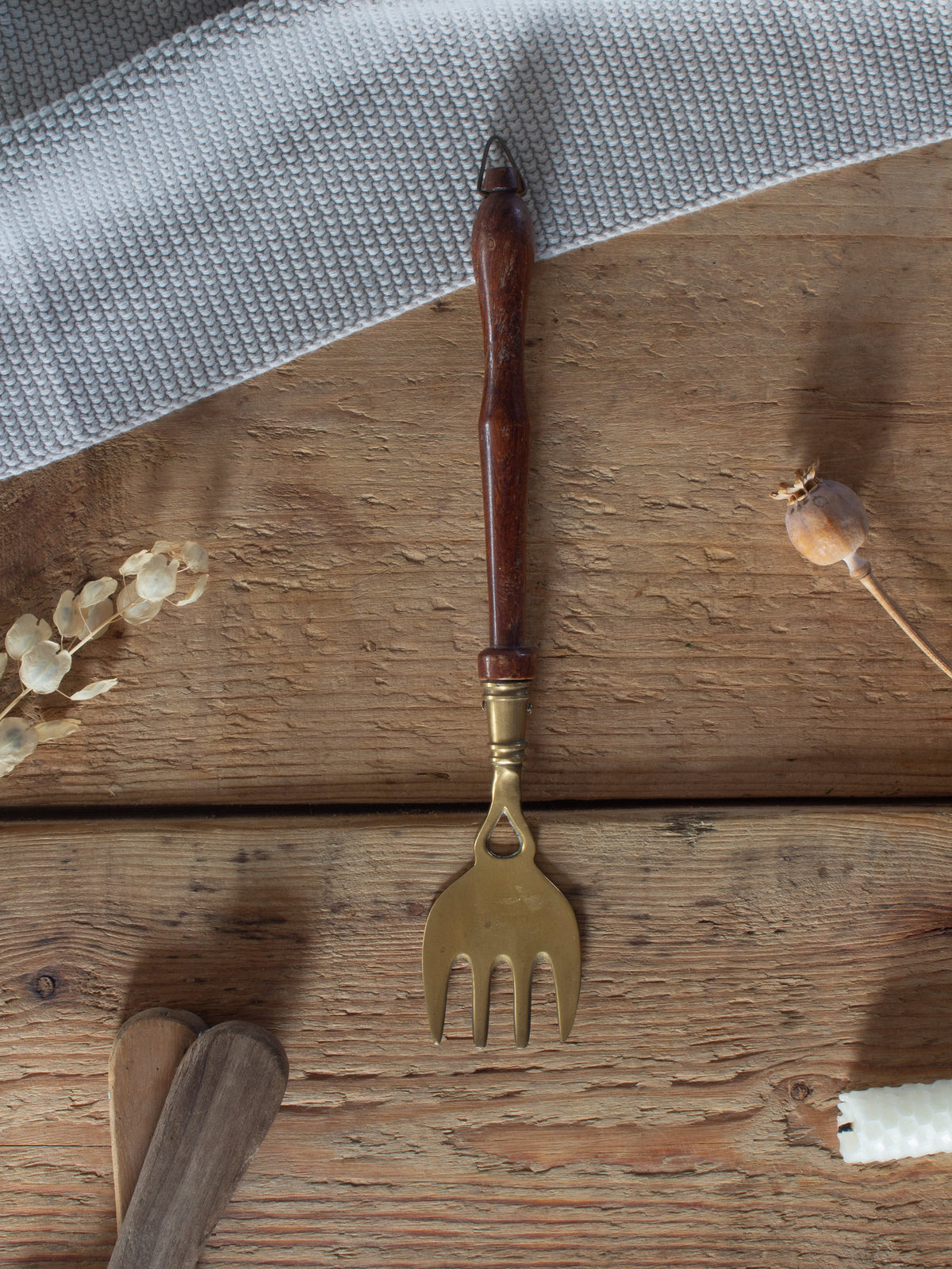 Antique Hand-Turned Wood & Brass Serving Fork