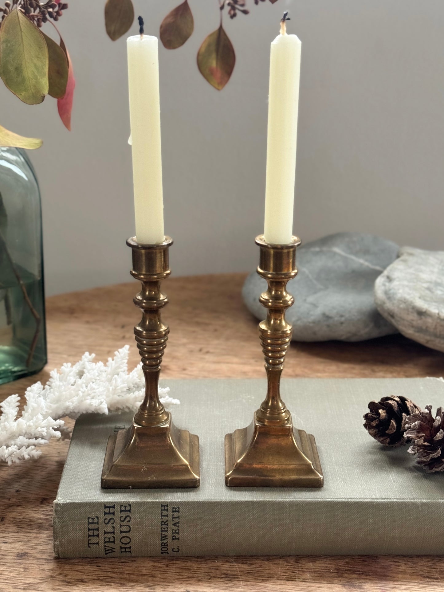 Pair of Vintage Miniature Brass Candlesticks with Candles