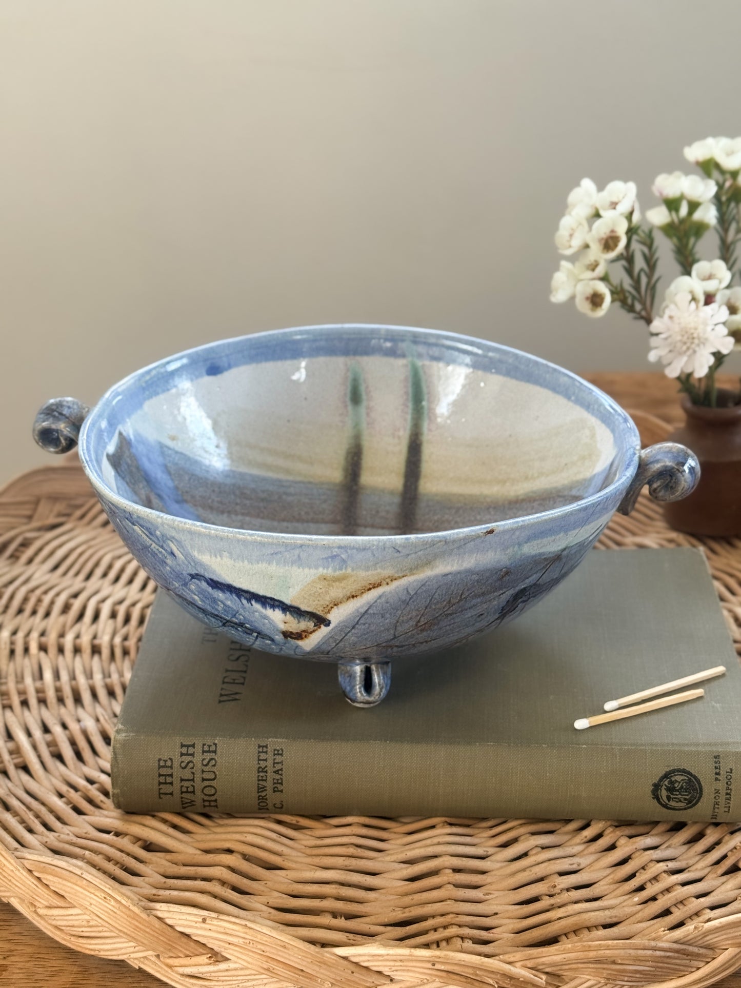Vintage Abstract Blue Studio Pottery Footed Bowl - Signed AJ