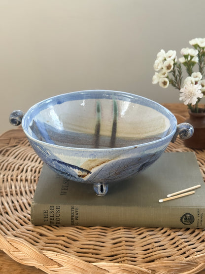 Vintage Abstract Blue Studio Pottery Footed Bowl - Signed AJ
