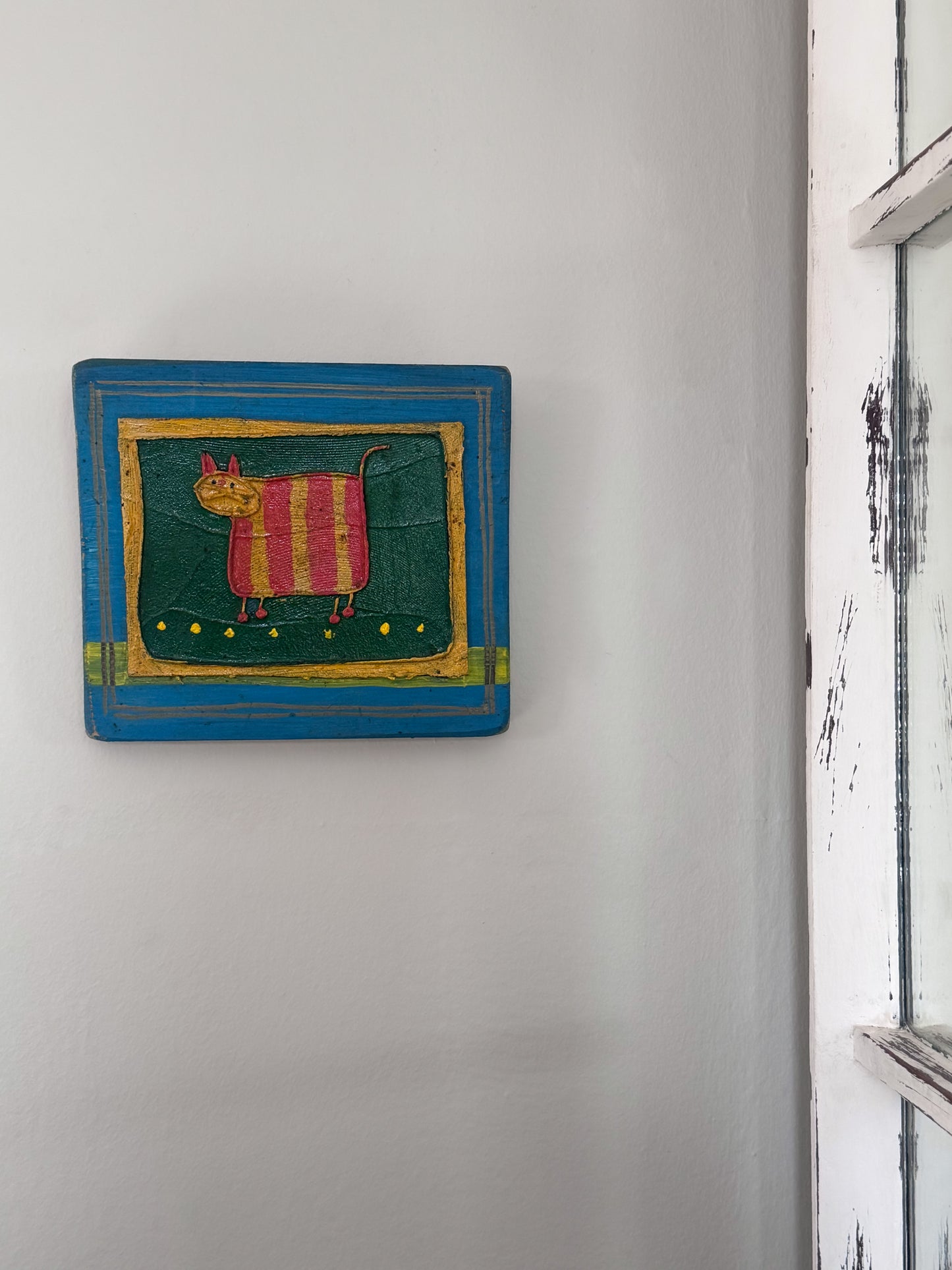 Vintage Folk Art Cat Painting, Acrylic on Pine Plaque, Signed