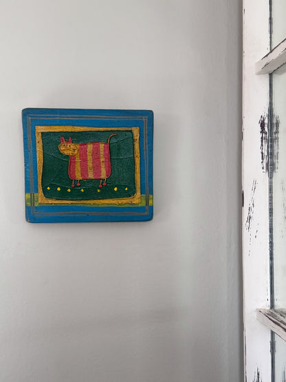 Vintage Folk Art Cat Painting, Acrylic on Pine Plaque, Signed