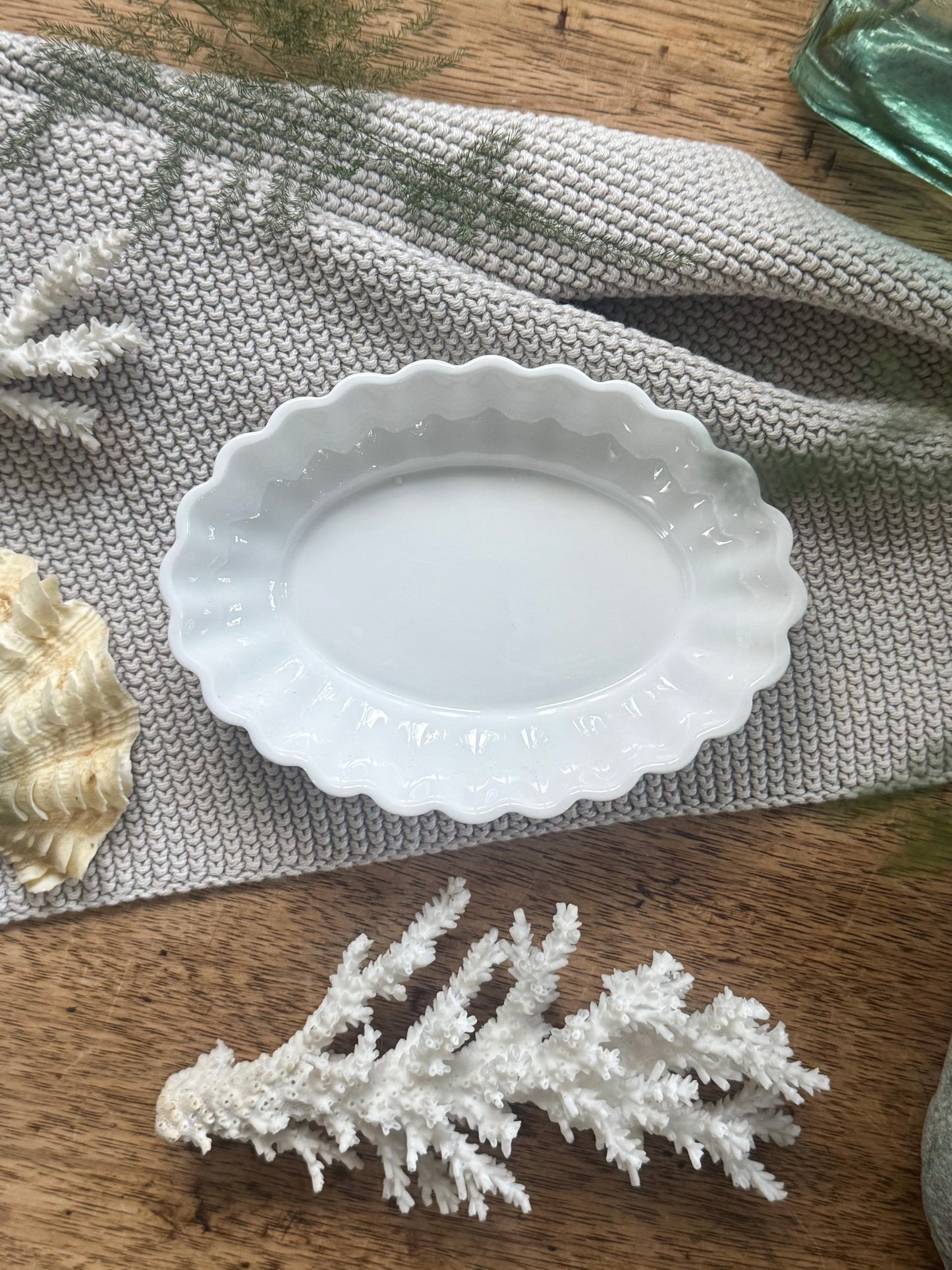 Vintage Ceramic Scalloped Soap Dish + Handmade French Eucalyptus Soap