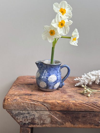 Vintage Blue Polka Dot Studio Pottery Miniature Creamer by Pauline Patterson, Black Mountain Pottery Wales