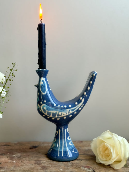 Rare Vintage 1950s Powell & Llangollen Blue Slipware Cockerel Candle Holder