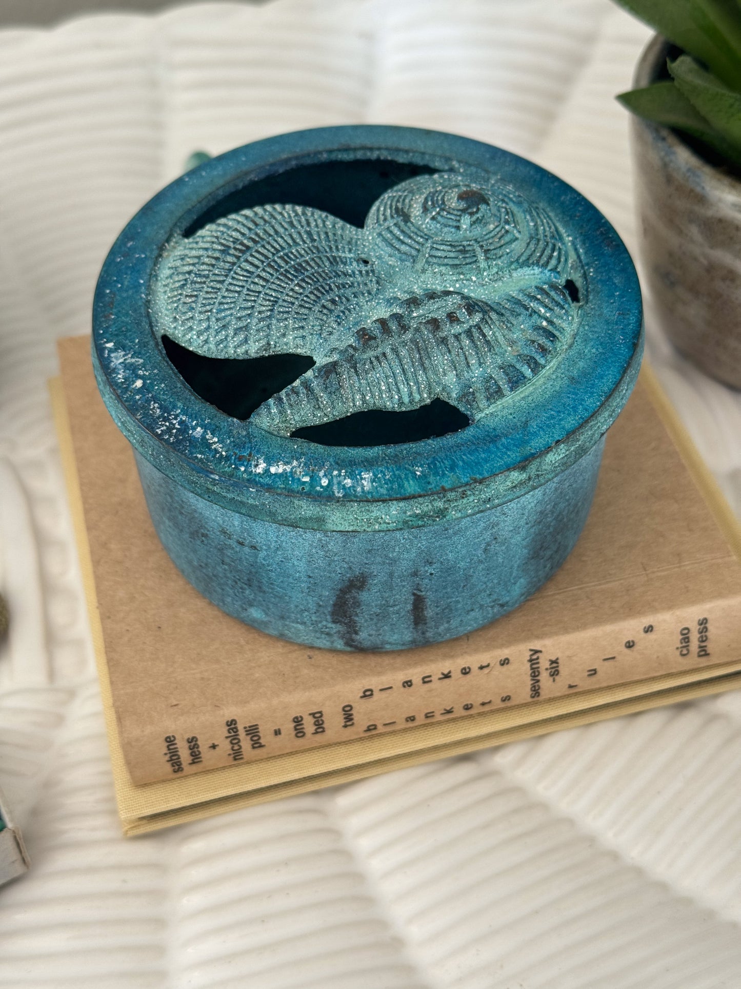 Vintage Brass Sea Shell Trinket Box with Incredible Verdigris