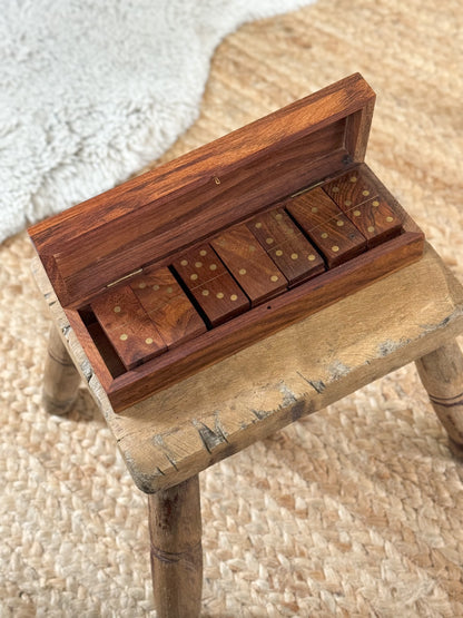 Vintage Indian Rosewood & Brass Inlay Dominoes Set