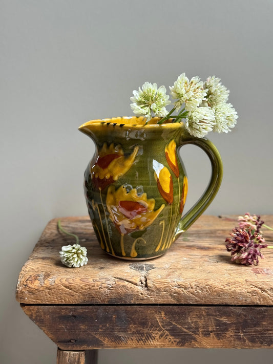 Welsh Studio Pottery Olive Green Floral Creamer by Wendy Gill, Earthworks Pottery