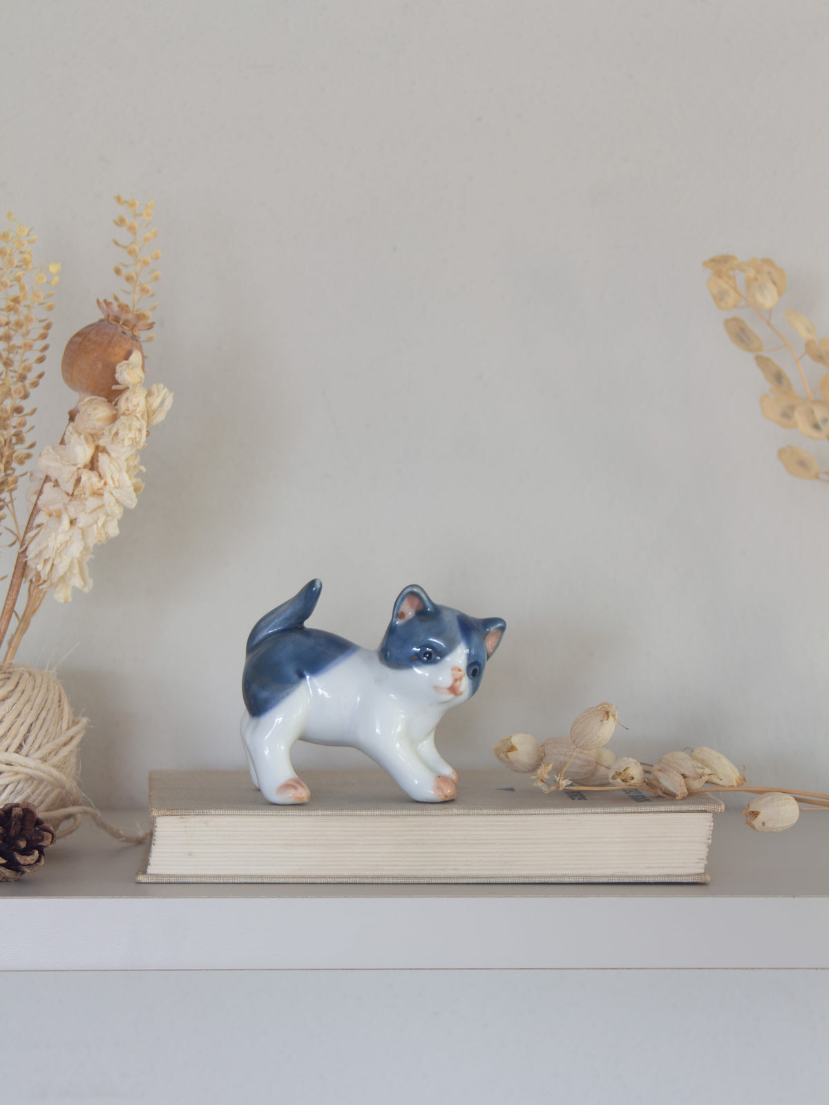 Vintage Miniature Hand-Painted Blue & White Porcelain Kitten Figurine