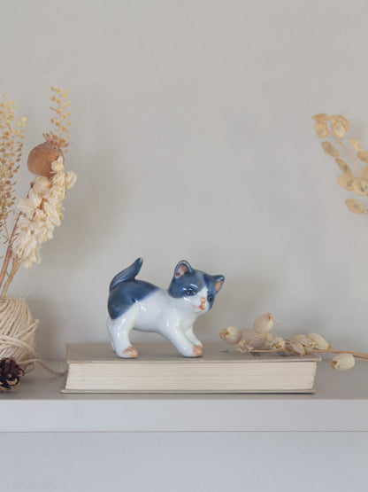 Vintage Miniature Hand-Painted Blue & White Porcelain Kitten Figurine
