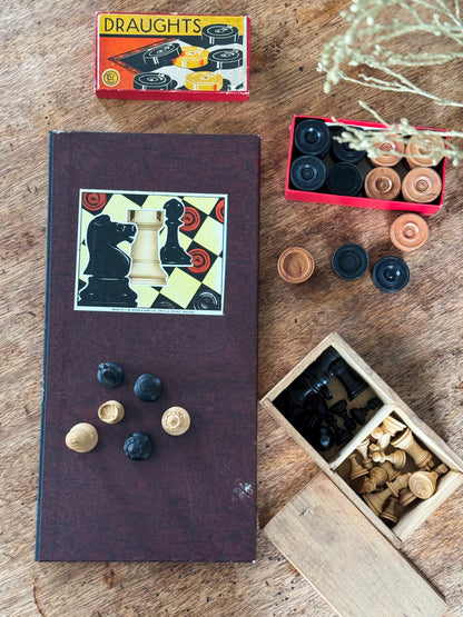 Vintage 1960s J.W Spear & Sons Leather Folding Chess Board with Chess Pieces & Melamine Draughts | Game Set