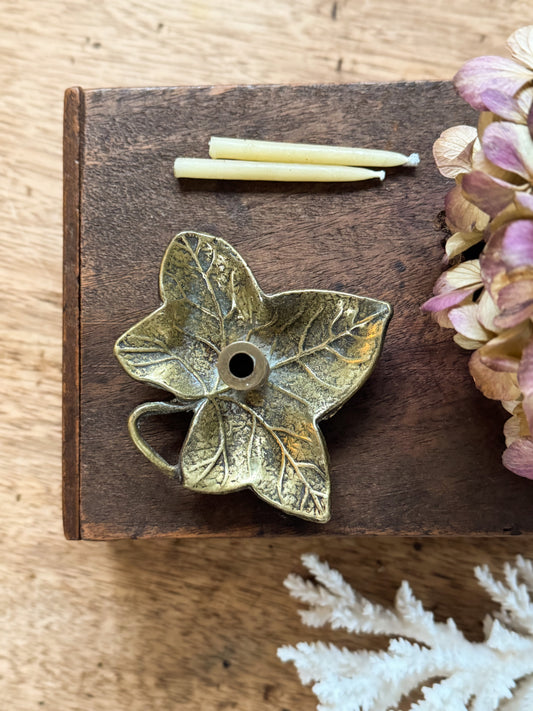 Vintage Solid Brass Ivy Leaf Miniature Candle Holder (with Beeswax Candles)
