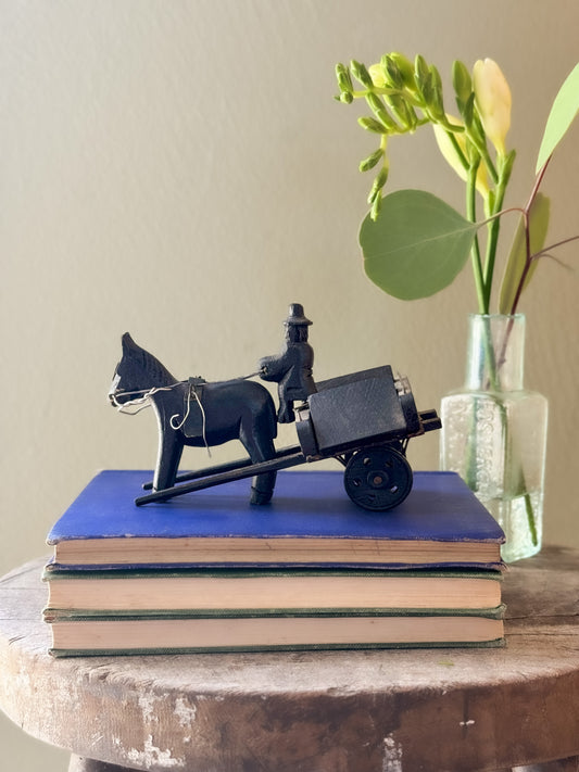 Antique Irish Bog Oak (Petrified Wood) Handmade Folk Art Horse & Cart