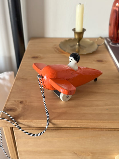 Vintage Midcentury Folk Art Wooden Pull Along Aeroplane