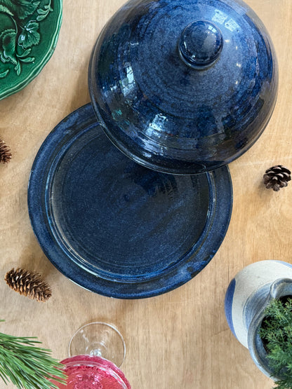 Large Vintage Blue Studio Pottery Cheese Cloche & Plate - Healy Pottery, Ireland