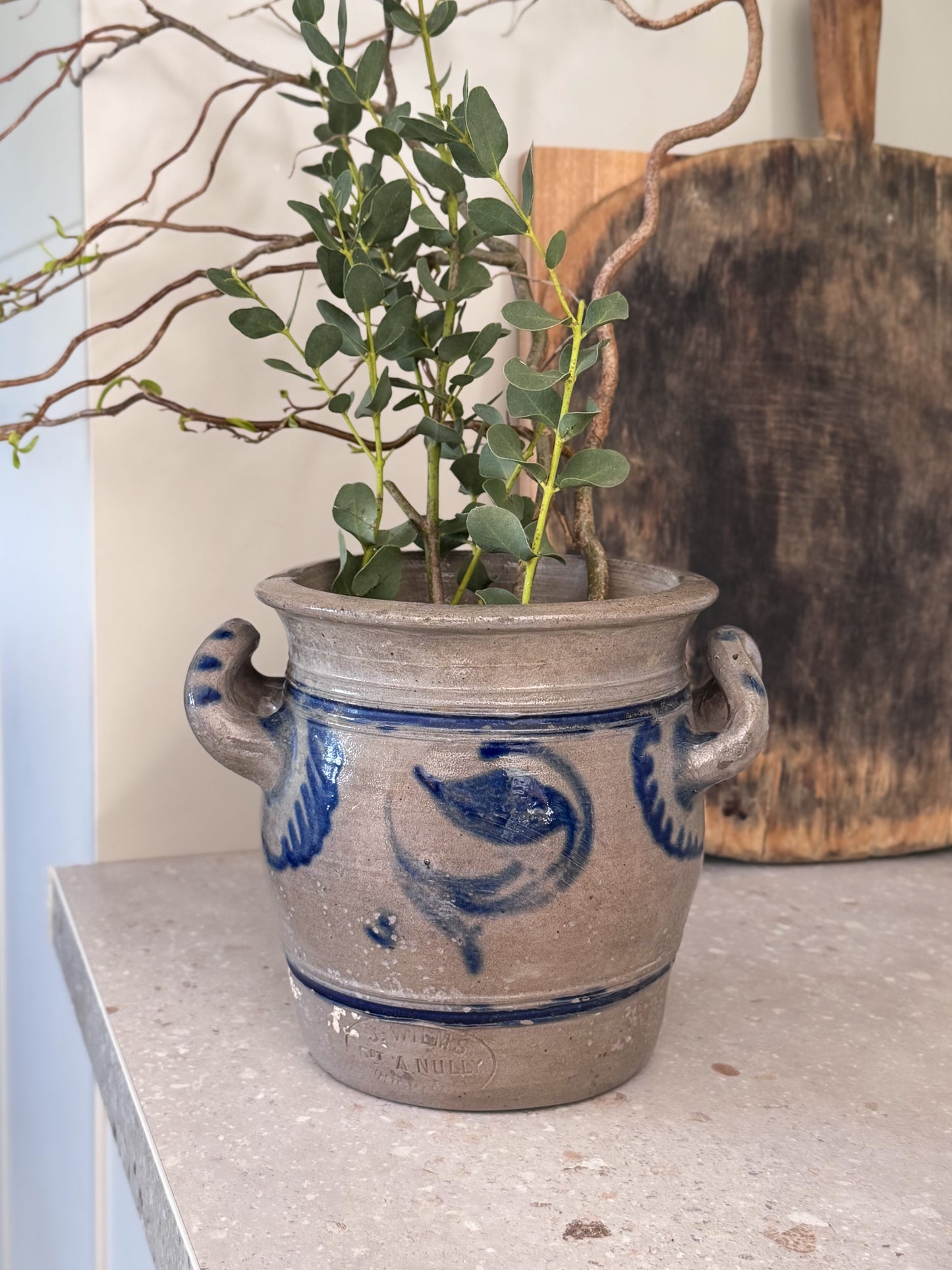 Antique Late 19th Century French Confit Pot by A. Nully, Cobalt Blue Stoneware Vessel
