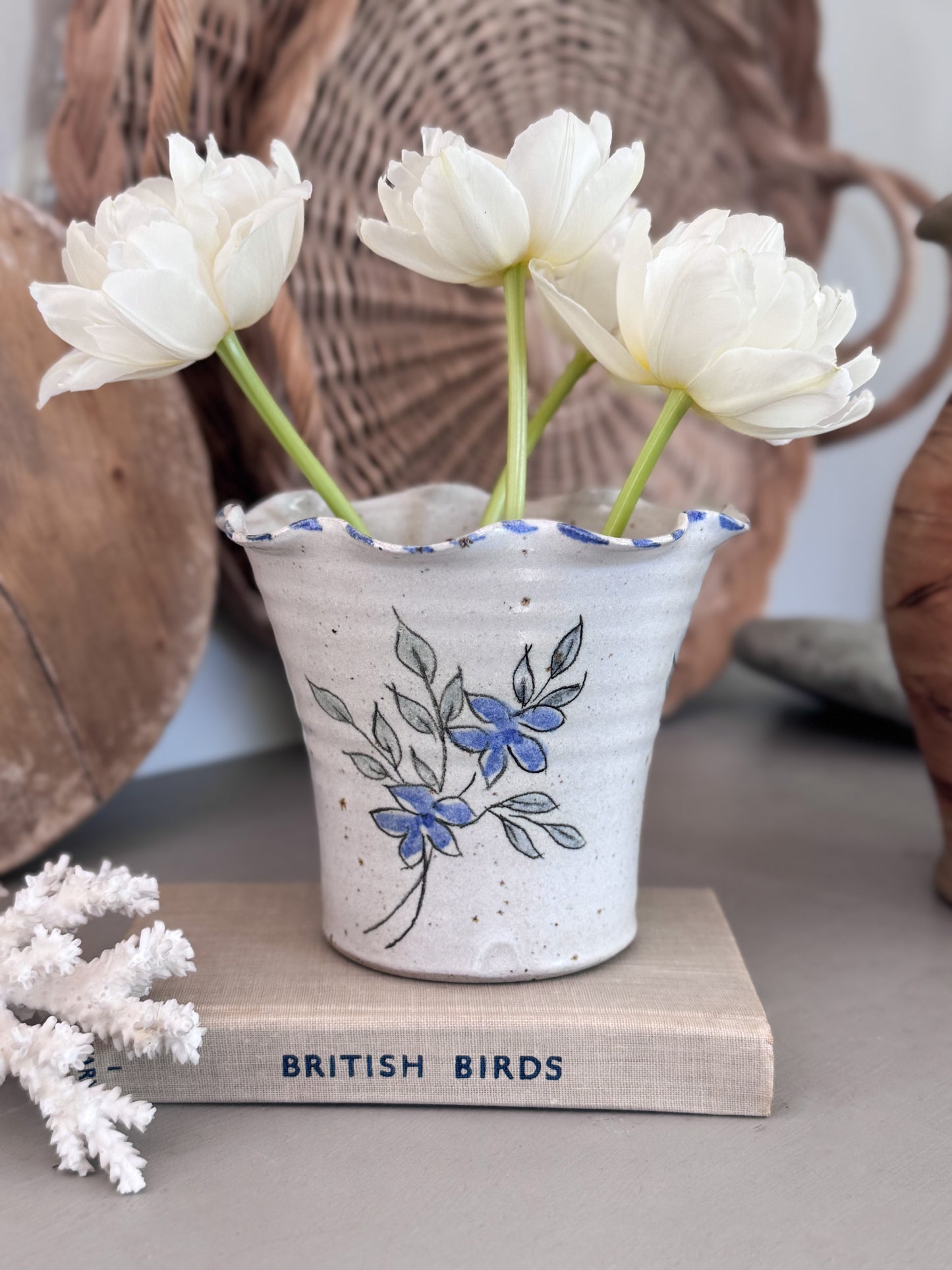 Vintage Studio Pottery Planter Pot with Hand-Painted Blue Florals & Scalloped Rim