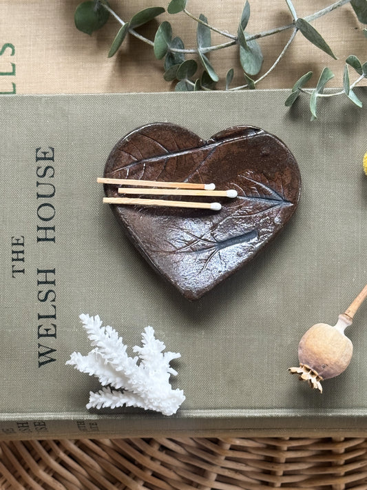 Studio Pottery Heart-Shaped Trinket Dish with Leaf Imprint by Hearth Pottery, Yorkshire