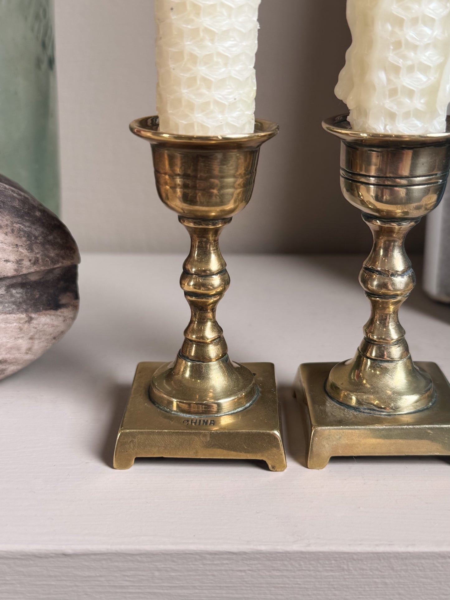 Pair of Midcentury Solid Brass Candlestick Holders