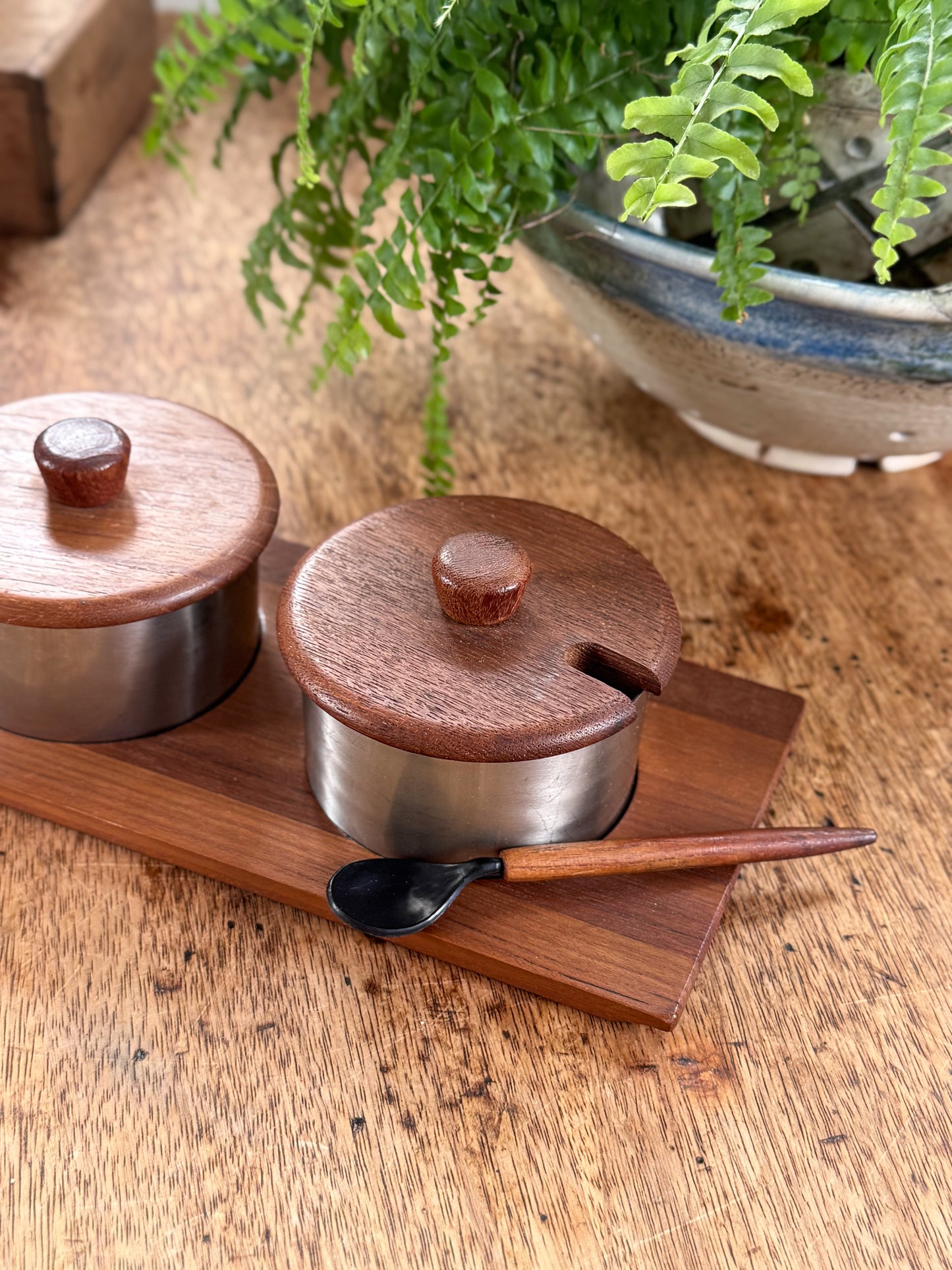 Vintage Danish Midcentury Teak & Stainless Steel Condiment Set • Stamped 18/8 Stainless Denmark
