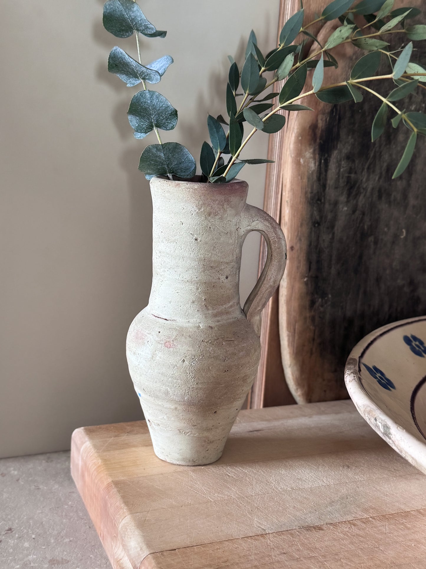 Vintage Handmade Aged Terracotta Handled Vessel with Soft Earthy Tones