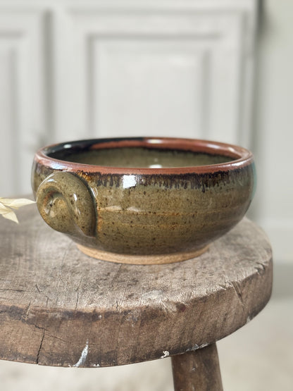Pair of Studio Pottery Olive Green Salt Glazed Handled Bowls