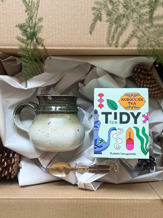 Tea Ritual Gift Set No. 2 - Olive Studio Pottery Mug + Brass Spoon + Welsh Moroccan Tea