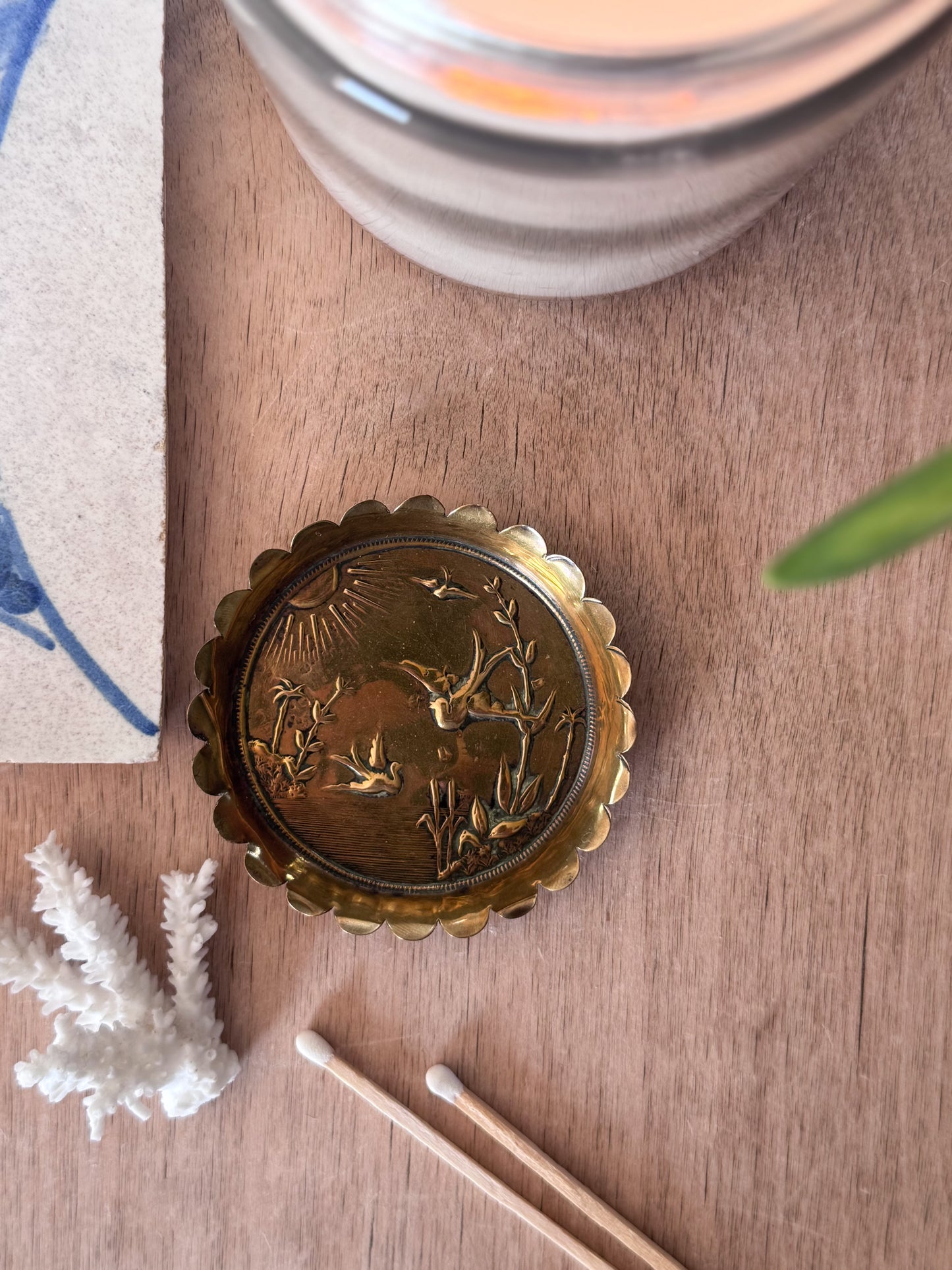 Vintage Brass Birds Landscape Pin Dish with Scalloped Edge