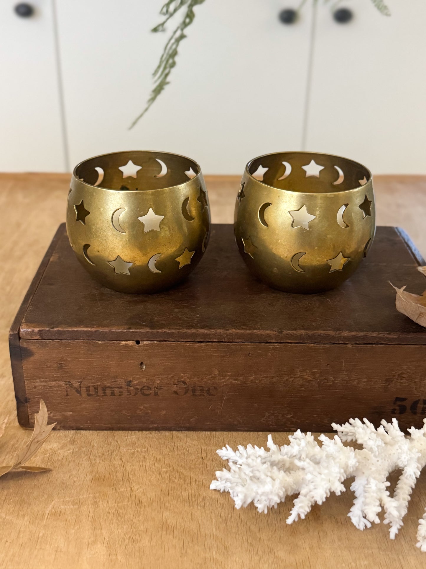 Vintage Solid Brass Star & Moon Candle Holders (Pair)