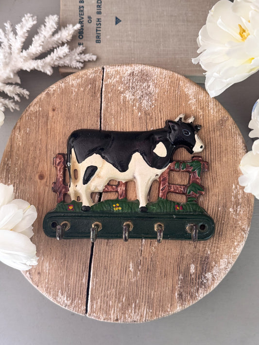 Vintage Hand-Painted Cast Iron & Brass Cow Key Hooks