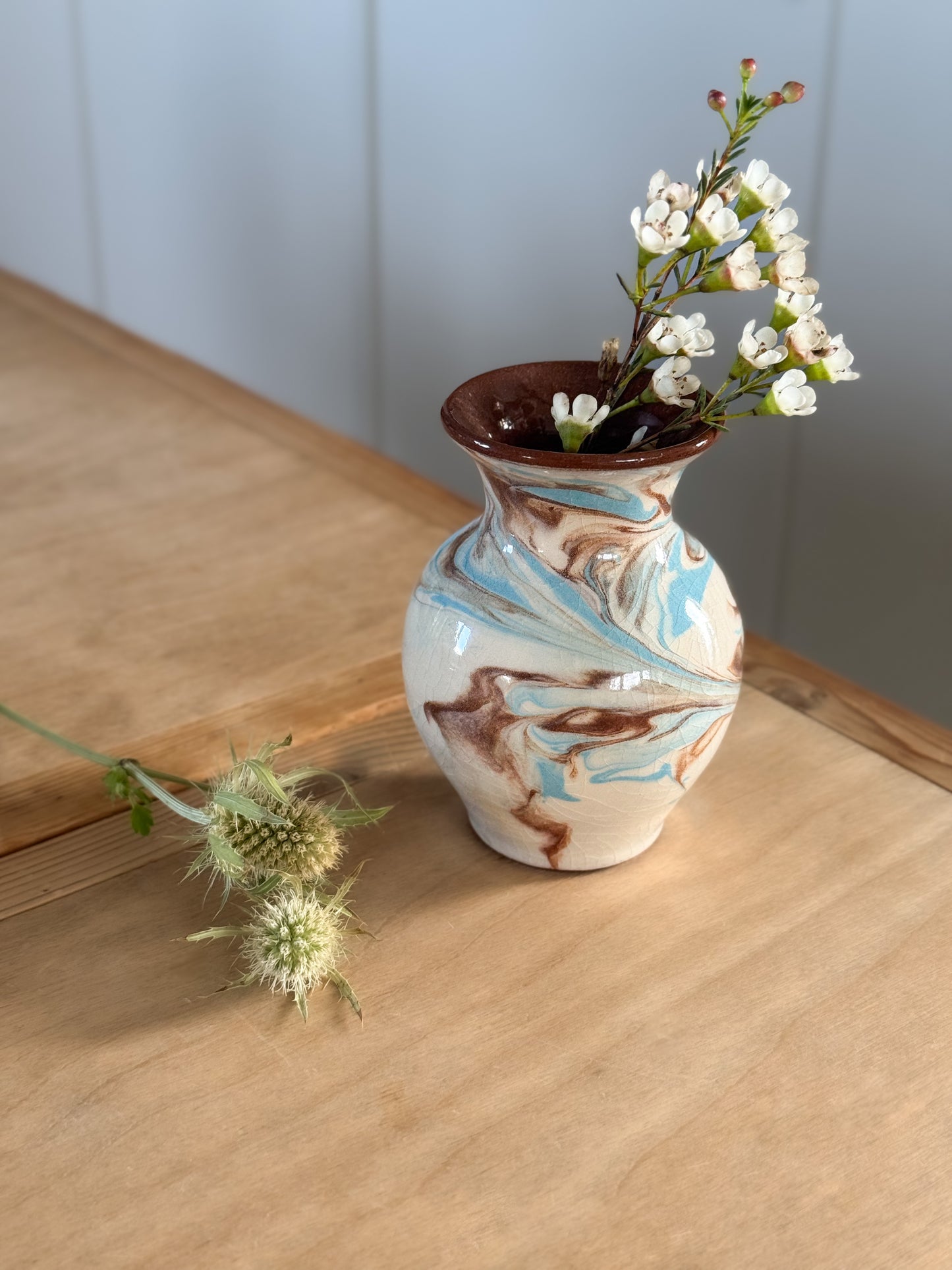 Vintage Studio Pottery Marbled Bud Vase in Blue, Cream & Brown