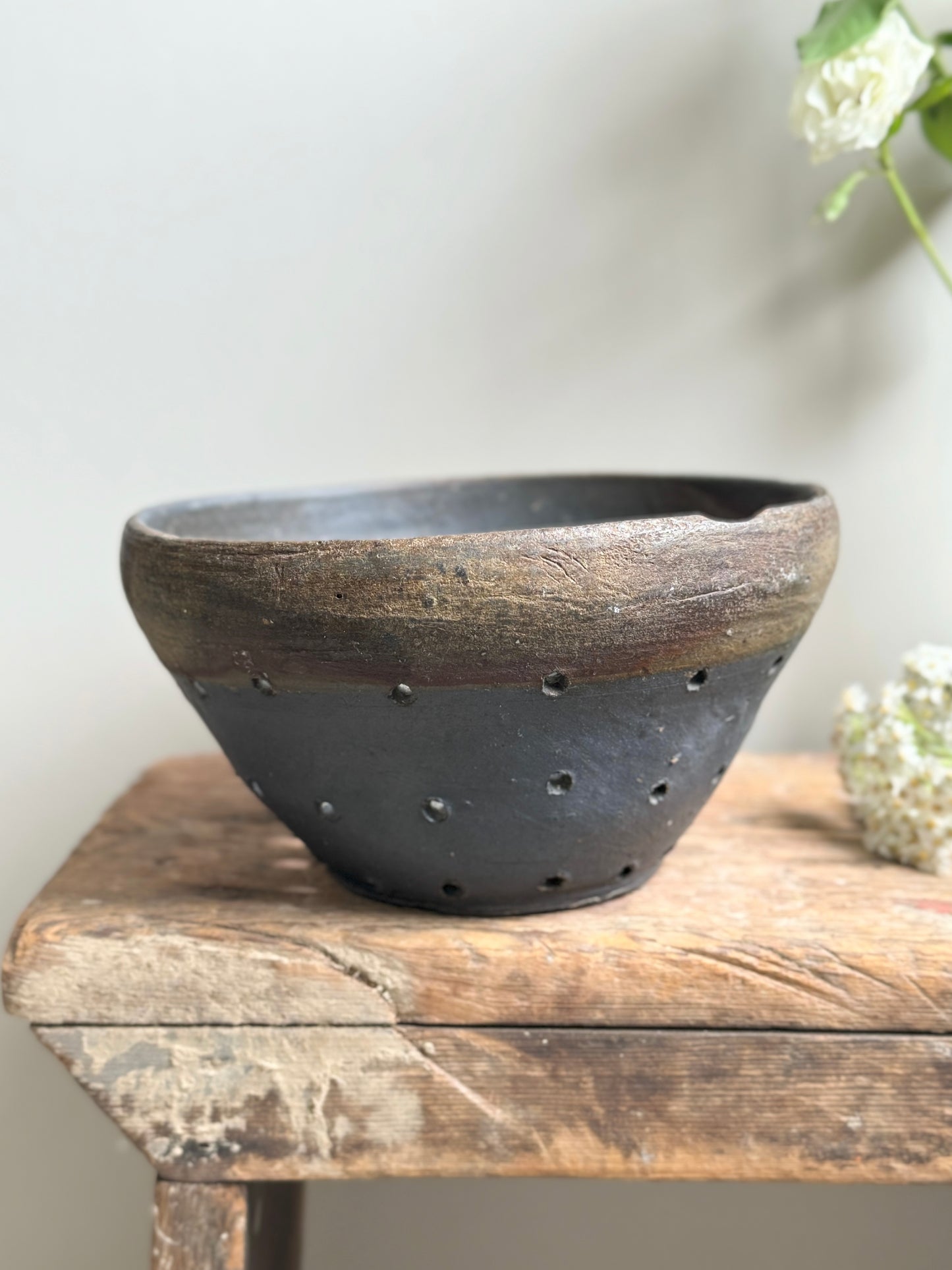 Antique French Earthenware Cheese Strainer / Colander