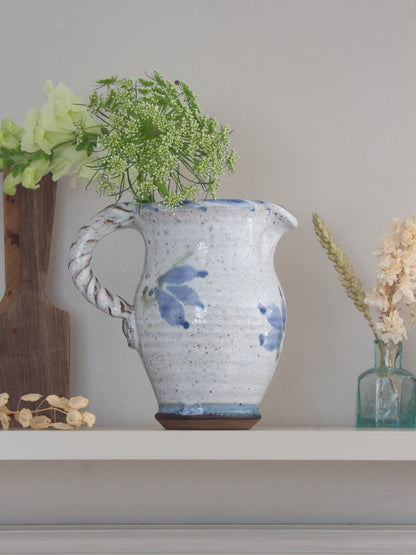 Vintage Studio Pottery Blue & White Sculptural Jug with Roped Handle & Botanical Seal
