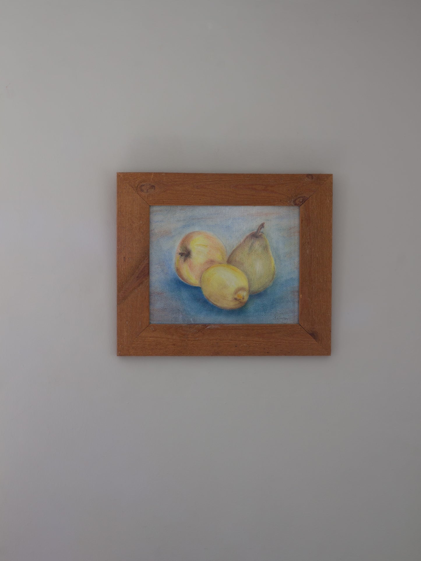 Vintage Original Still Life Pastel Drawing ‘Three Fruits’ by C. Walley | Handmade Pine Frame