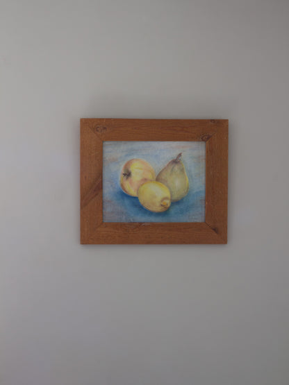 Vintage Original Still Life Pastel Drawing ‘Three Fruits’ by C. Walley | Handmade Pine Frame