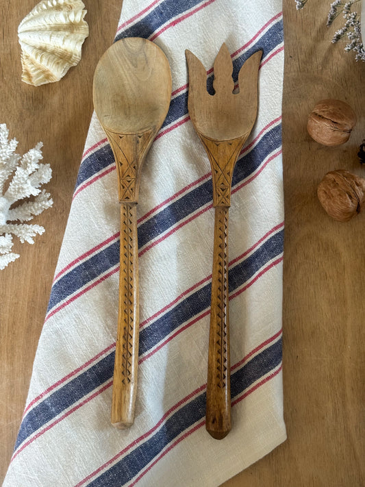 Vintage Hand-Carved Solid Wood Salad Servers - Folk-Inspired Detailing