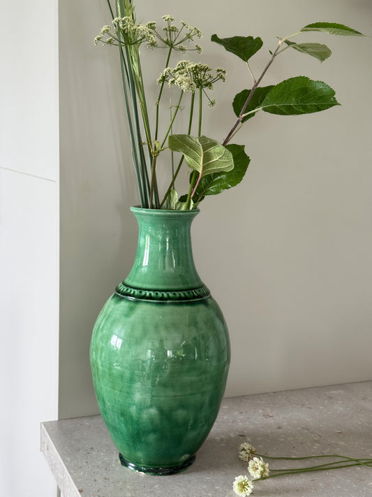 Large Welsh Studio Pottery Green Glazed Vase • Signed Welsh Folk Art