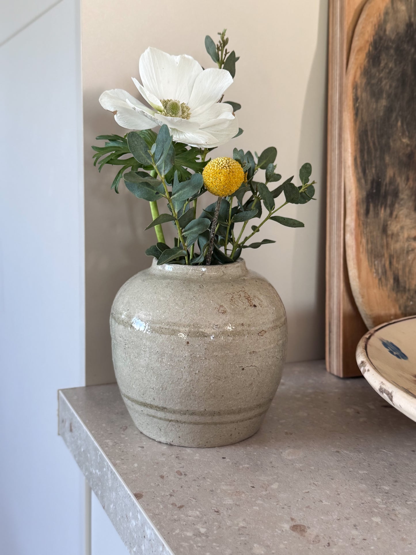 Vintage Chinese Studio Pottery Ginger Jar, Textured Glaze with Subtle Blue Banding