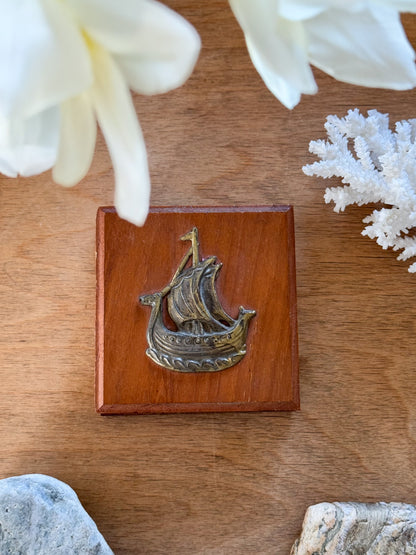 Vintage Handmade Wood & Brass Ship Match Box