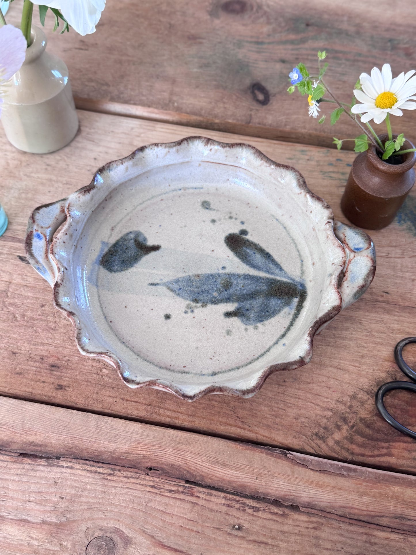 Vintage Studio Pottery Abstract Blue Scalloped Dish