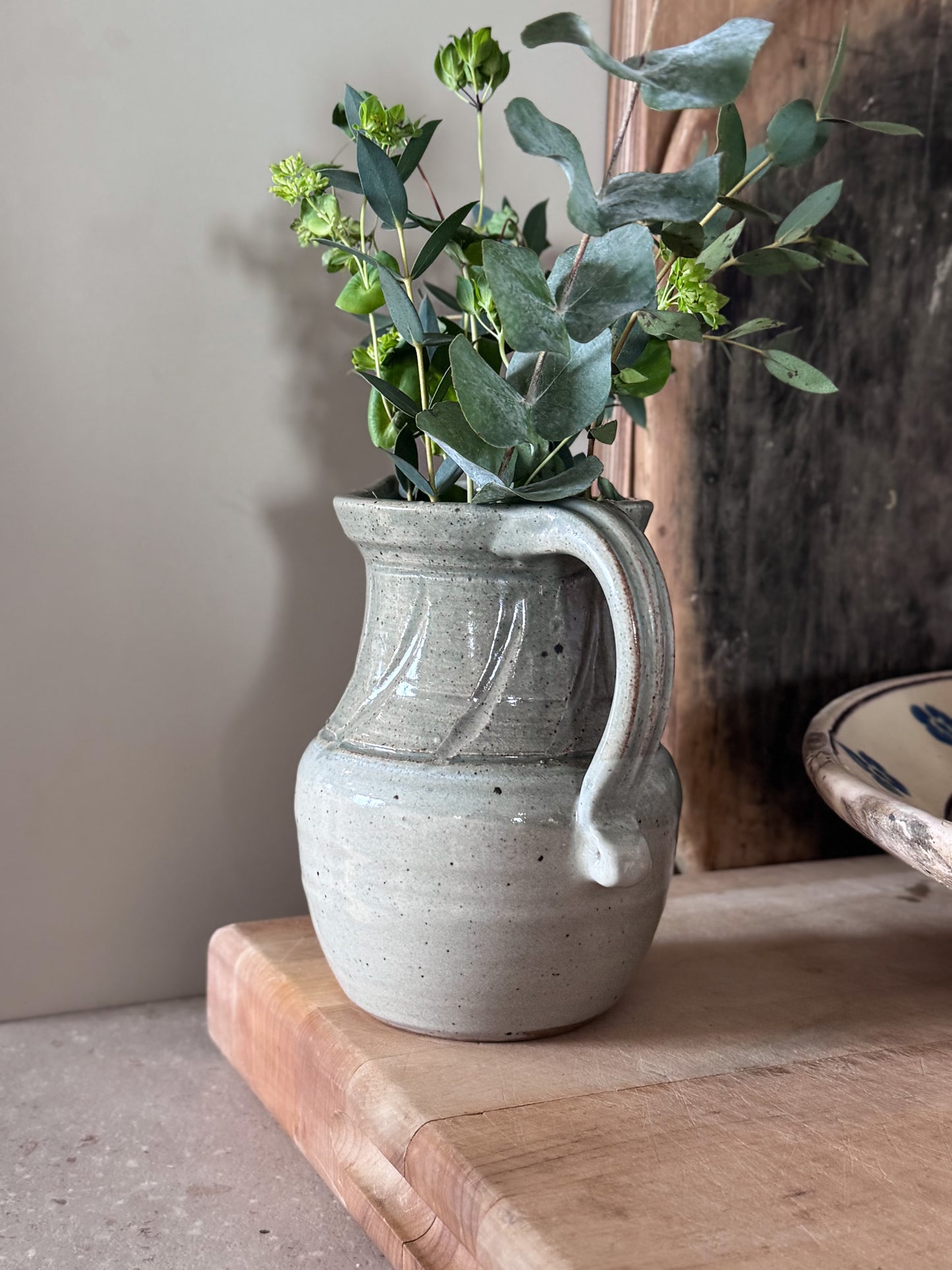 Vintage Studio Pottery Jug in Soft Sea Greens & Blue-Grey Tones