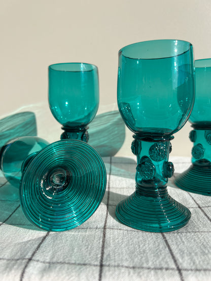 Antique c1820 German Rhenish  Römer Turquoise Wine Goblets (Set of 5)