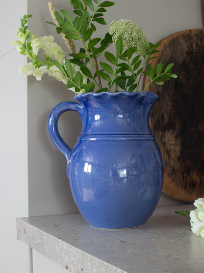 Vintage Parlane Blue Glazed Studio Pottery Scalloped Jug with Tiny Honey Bee Detail