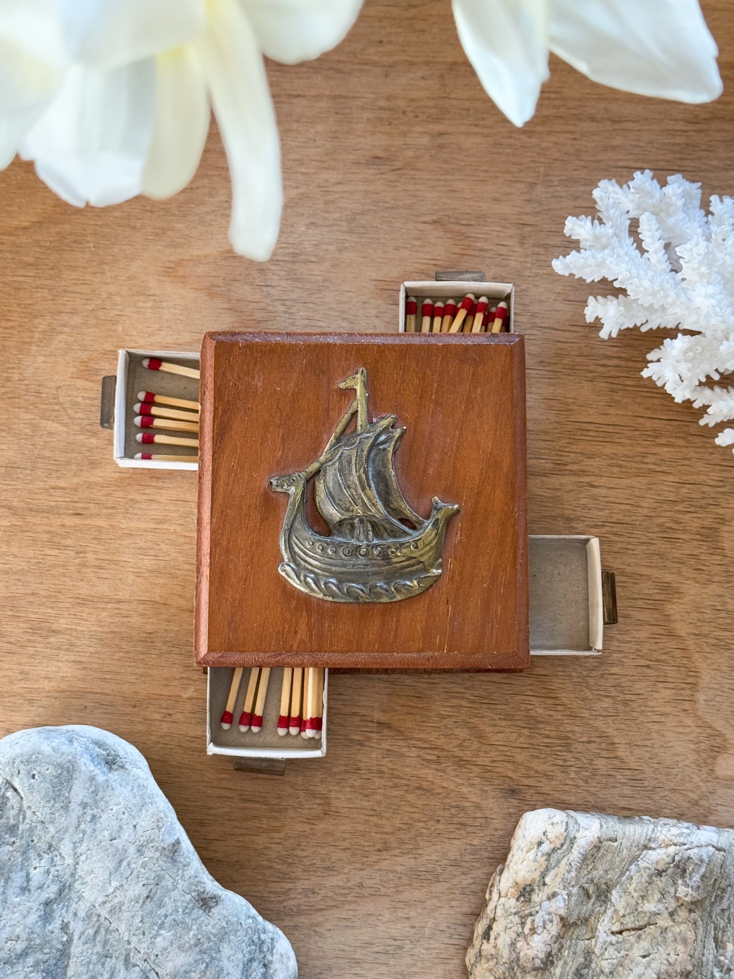 Vintage Handmade Wood & Brass Ship Match Box