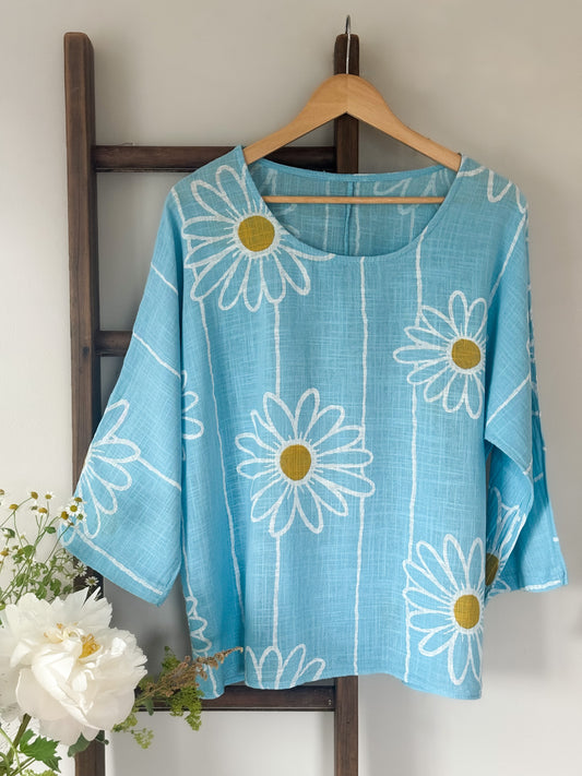 Vintage Italian Daisy Tunic, 100% Cotton, Size M