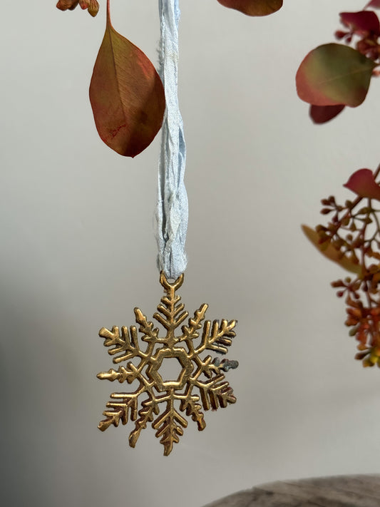 Vintage Solid Brass Decoration with Handmade Ribbon - Snowflake Design