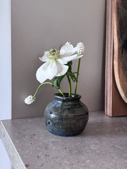 Vintage Studio Pottery Bud Vase, Inky Blue & Moss Green Glaze, Stamped “DD”
