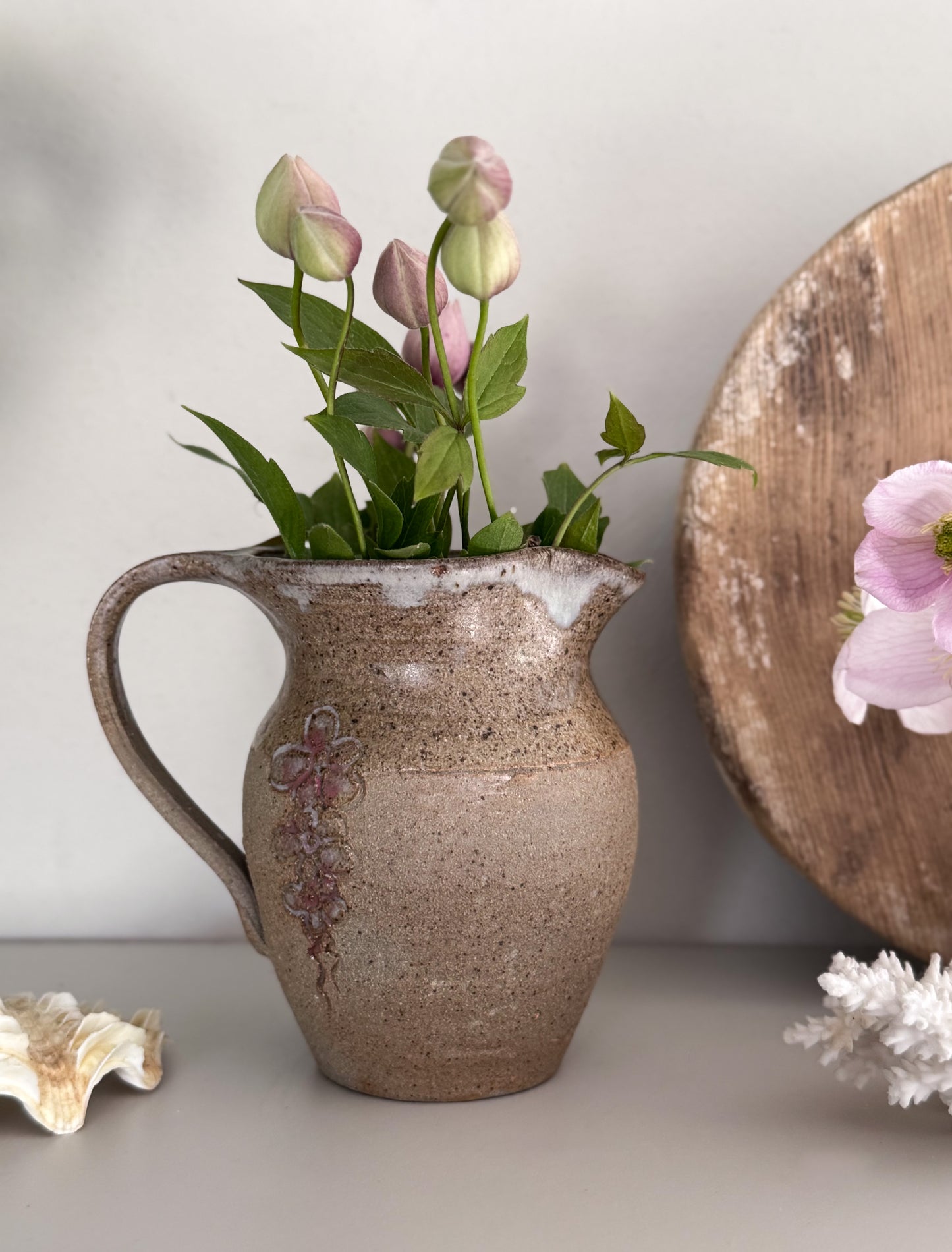 Vintage Studio Pottery Muted Pink Floral Jug